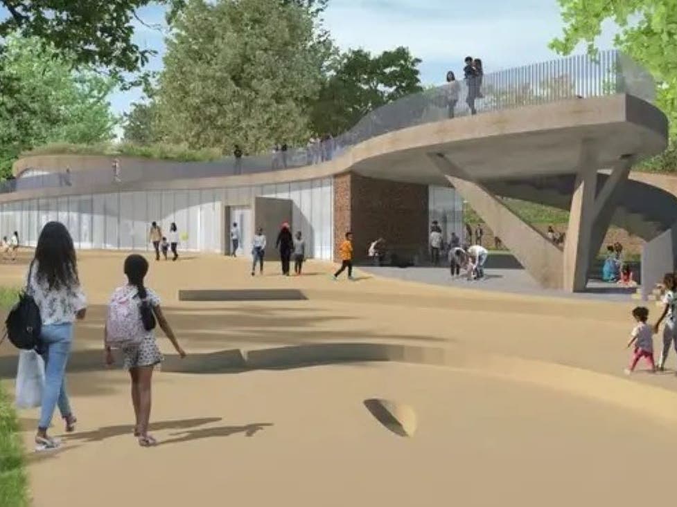A rendering showing the new museum and visitors center under construction at Washington Crossing State Park, New Jersey.