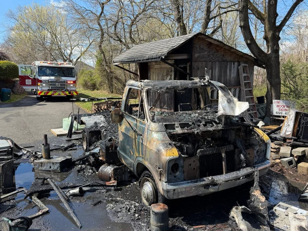 The charred remains of a truck.