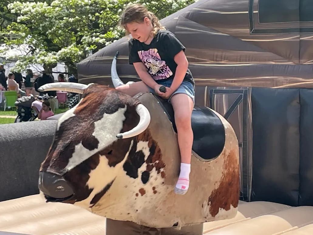 A youngster takes a wild ride on a mechanical bull during last year's A-Day at Delaware Valley University.