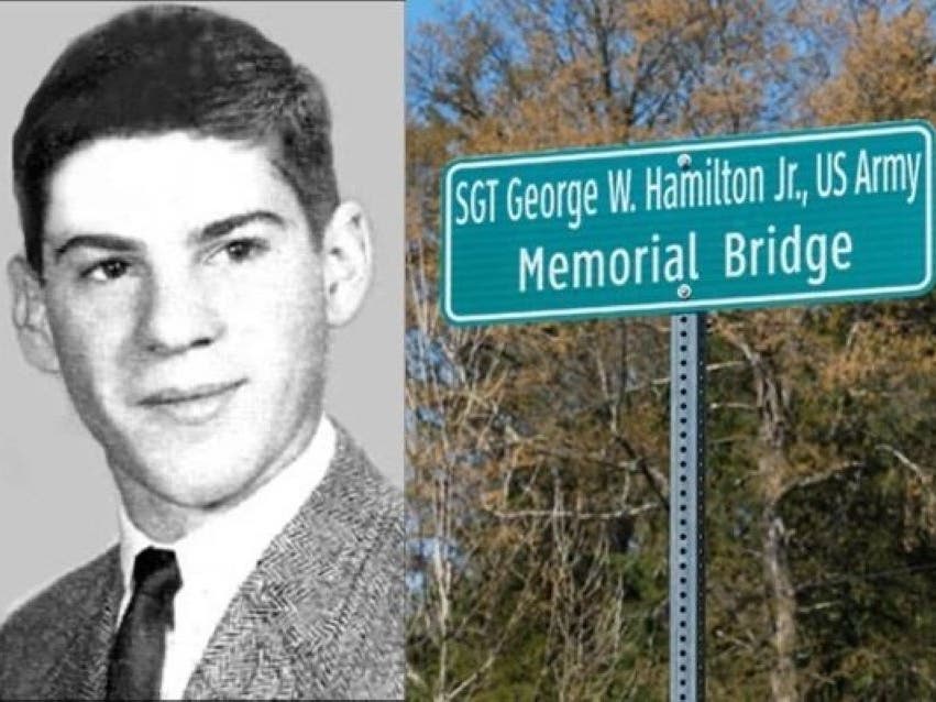 Sgt. George W Hamilton Jr. and the sign now bearing his name in Warwick Township. 