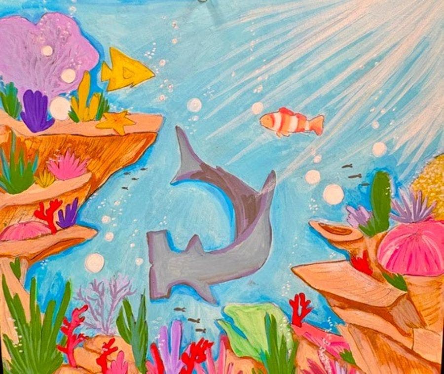 "Ocean Life," mixed media on paper by Scarlet Stucky.