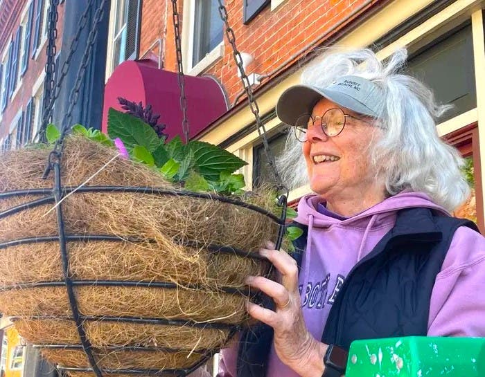 A volunteer helps hang a flower basket during last year's beautification project.