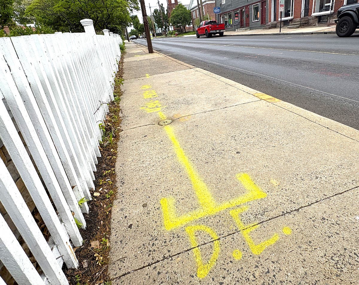 Pavement markings on the sidewalk near Washington and State.