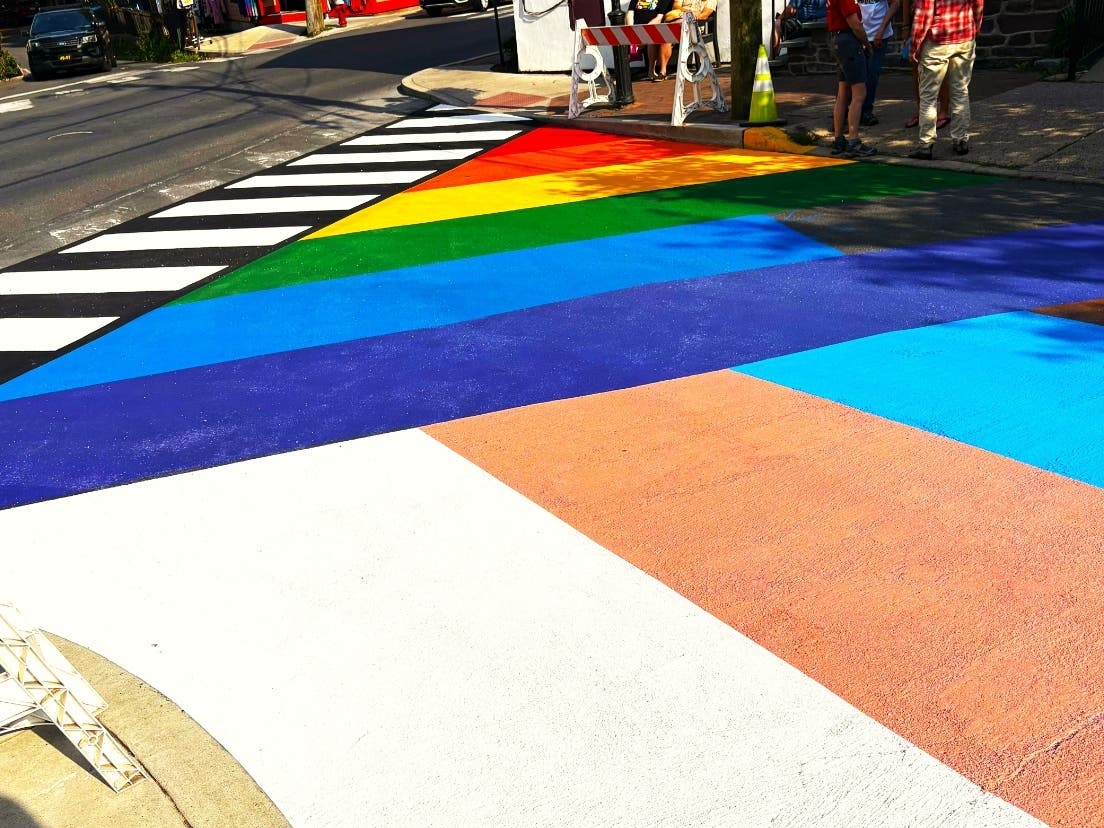 The new Progress Flag crosswalk on Mechanics Street.