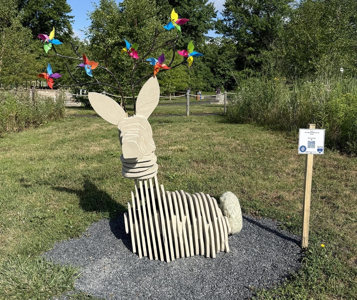 “Bucky,” a mixed media sculpture created by students in Bucks County Community
College’s 3D Design Fundamentals Class, greets visitors along the walking trail at
Warrington’s Lions Pride Park.