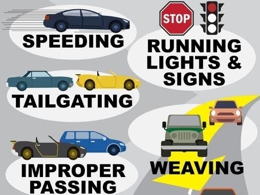 Aggressive driving takes many forms - speeding, running lights and signs, tailgating, weaving and improper passing.