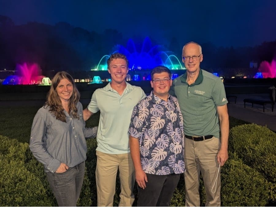 Micah High and Mathew Fleischacker join DelVal's incoming class from the Longwood Gardens Professional Horticulture program. From left: Leirion Sorensen, Chanticleer Garden, Micah High, Mathew Fleischacker, and Dr. Doug Linde, DelVal professor of turf.