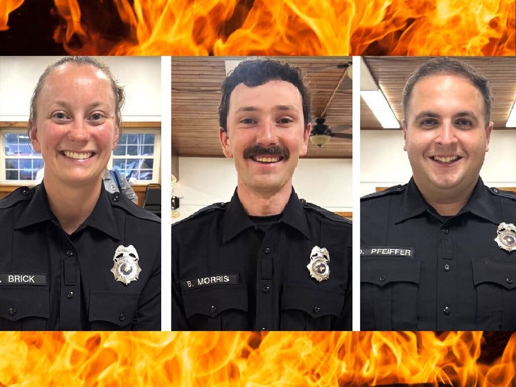 From left are Rachel Brick, Plumstead Township career firefighter; Benjamin Morris, Plumstead Township career firefighter; and Daniel Pfeiffer, Plumstead Township career firefighter. Missing is firefighter Harley Turner.