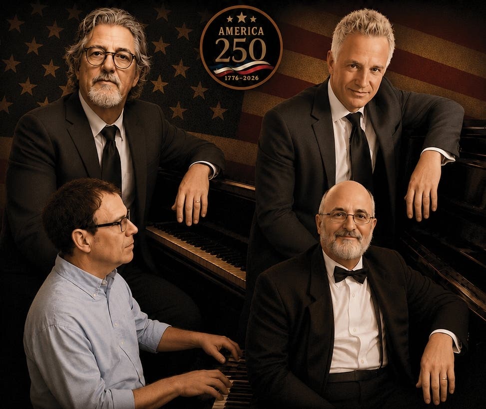 The concert, honoring America’s 250th anniversary, features (clockwise from upper left) Charlie Ernst, Eric Mintel, Steve Kramer, and Tom Lawton. For tickets, visit bucks.edu/tickets.