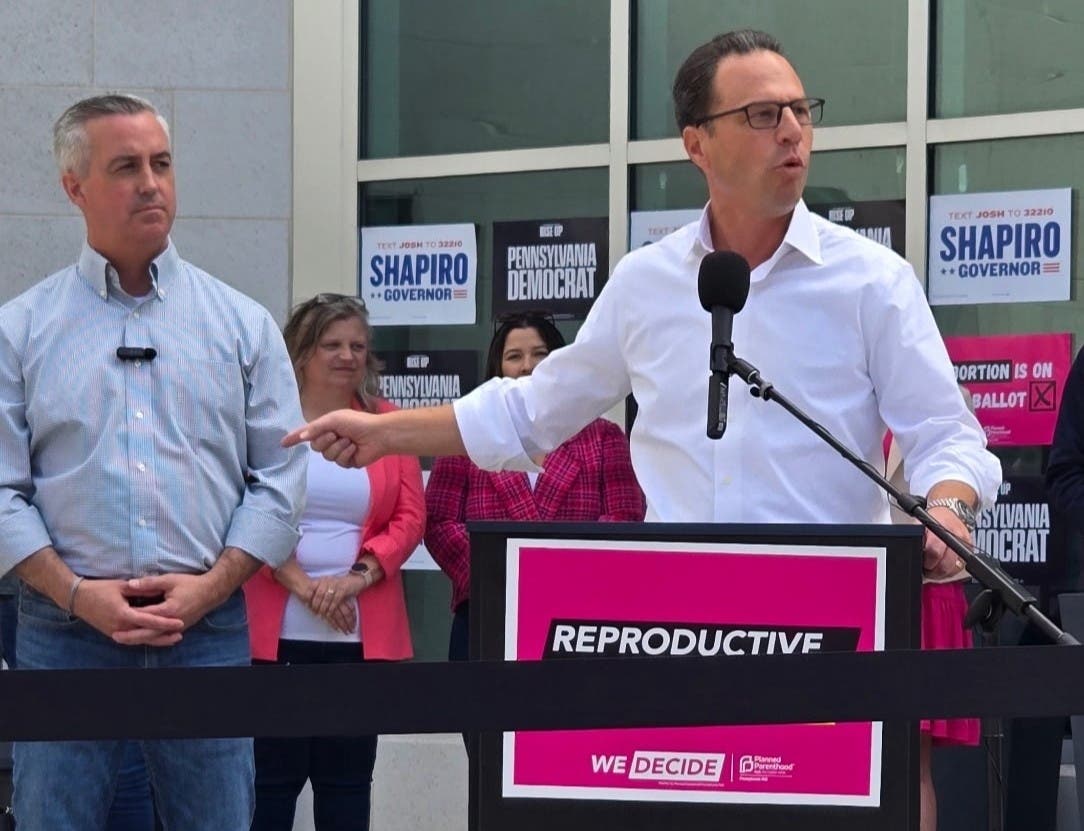 Governor Josh Shapiro campaigns with Bucks County Commissioner and U.S. Congress hopeful Bob Harvie on Saturday in Bucks County.