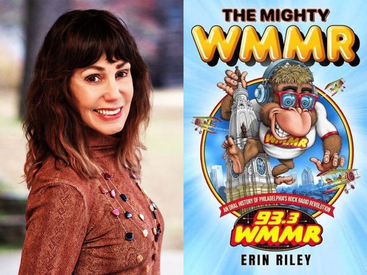 Author and music executive Erin Riley with the cover of new new book, "The Mighty WMMR."