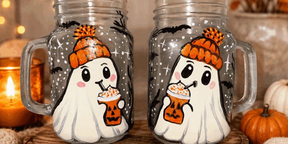Spooky Sips Latte Mason Jar Glass Art - Painting Class