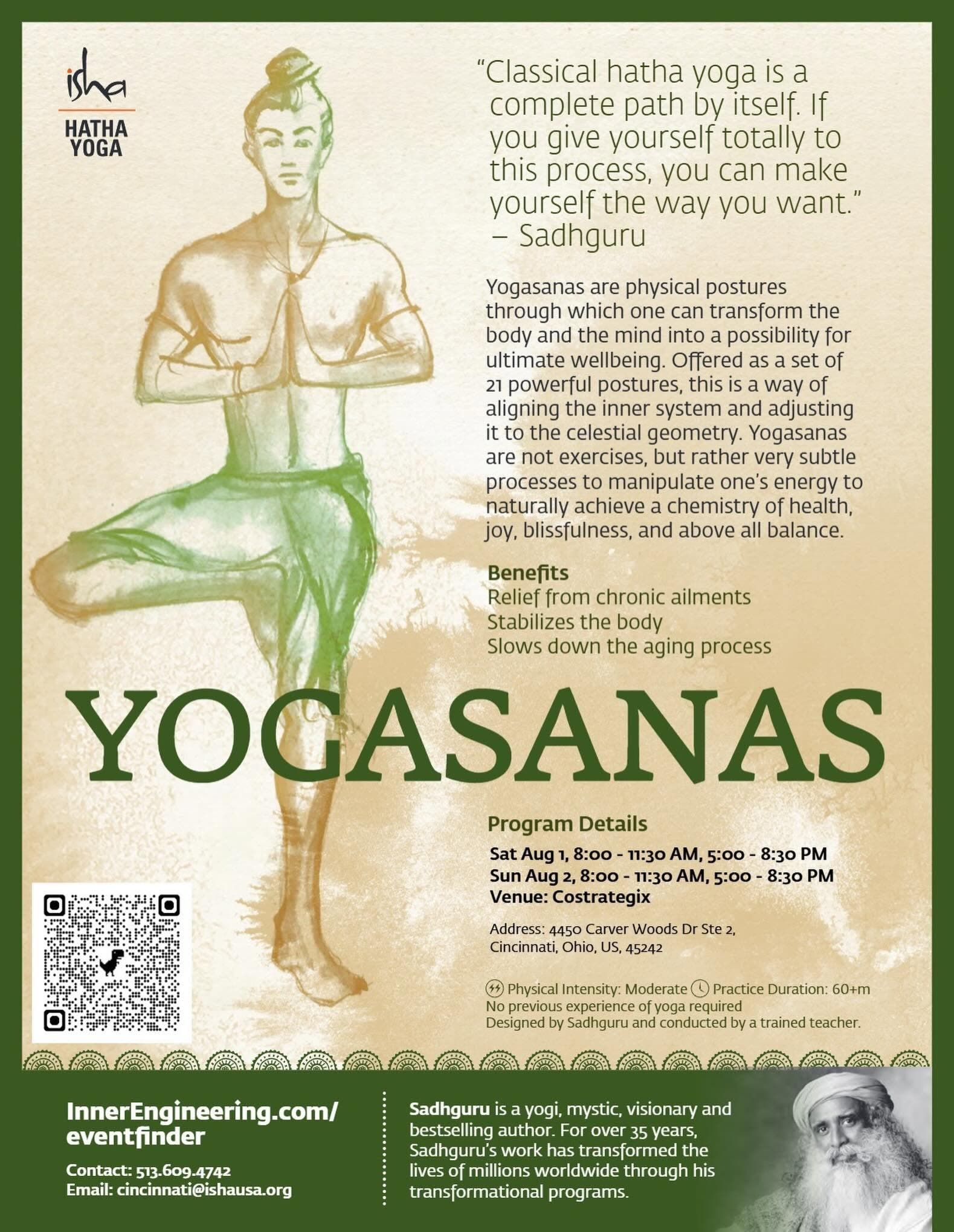 Hatha Yoga - Yogasanas - Aug 1 & 2 - Blue Ash OH