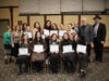 Finalists pose with Walder Science Co-Founder Elizabeth Walder; Walder Science administrators Rabbi Heschel Weiner, Daniel Alkhovsky, Dina Romanoff, Frieda Obodyanik; and Lev Academic Center President Professo