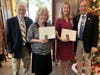 Award of the SAR  Daughters of Liberty Medal to Paula Schwoerer and Anita Bonner.  L-R:  Barry Schwoerer, Paula Schwoerer, Anita Bonner, Ken Bonner