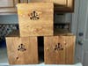 Three replica tea chests for Hyson, Souchon, and Congou tea