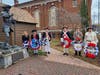 SAR and DAR Chapters presented wreaths in front of a statue of a young George Washington as a surveyor.  Barry Schwoerer, President Sgt Maj John Champe Chapter 2nd from right