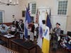 Presentation of Colors.  Colorguardsmen L-R:  Jim Cordes, Jeff Thomas, Larry McKinley, Barry Schwoerer (obscured by flags), Darrin Schmidt