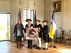 Presentation of the replica "U.S. Light Dragoons" Guidon in the Great Hall at Stratford Hall.  L-R Kelly Dietz (VP Collections and Public Engagement), Ken Bonner, Barry Schwoerer, Mark Sink