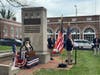 L-R:  Bell replica used to honor Loudoun County men KIA in Vietnam, Barry Schwoerer- SMJC Chapter VA SAR, Richard Ryan, SMJC Chapter VA SAR and member Leonard W. Kidd Memorial American Legion Post 2001
