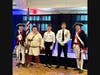 The Combined Color Guard.  L-R:  Barry Schwoerer (SMJC), Warner Workman (SMJC), Elise Woodworth (VFW-1177), Jason Cound (VFW-1177), Ken Bonner (SMJC)