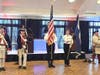 Combined Color Guard Presenting Colors.  L-R:  Ken Bonner (SMJC), Barry Schwoerer (SMJC), Jason Cound (VFW-1177), Elise Woodworth (VFW-1177), Warner Workman (SMJC)