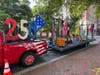 Float and truck near Independence Hall, Philadelphia