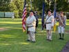 Prepared to advance the colors for the National Anthem.  L-R:  Warner Workman with National Flag, Steve Van Deusen with VA Commonwealth flag, Barry Schwoerer with SAR Chapter flag