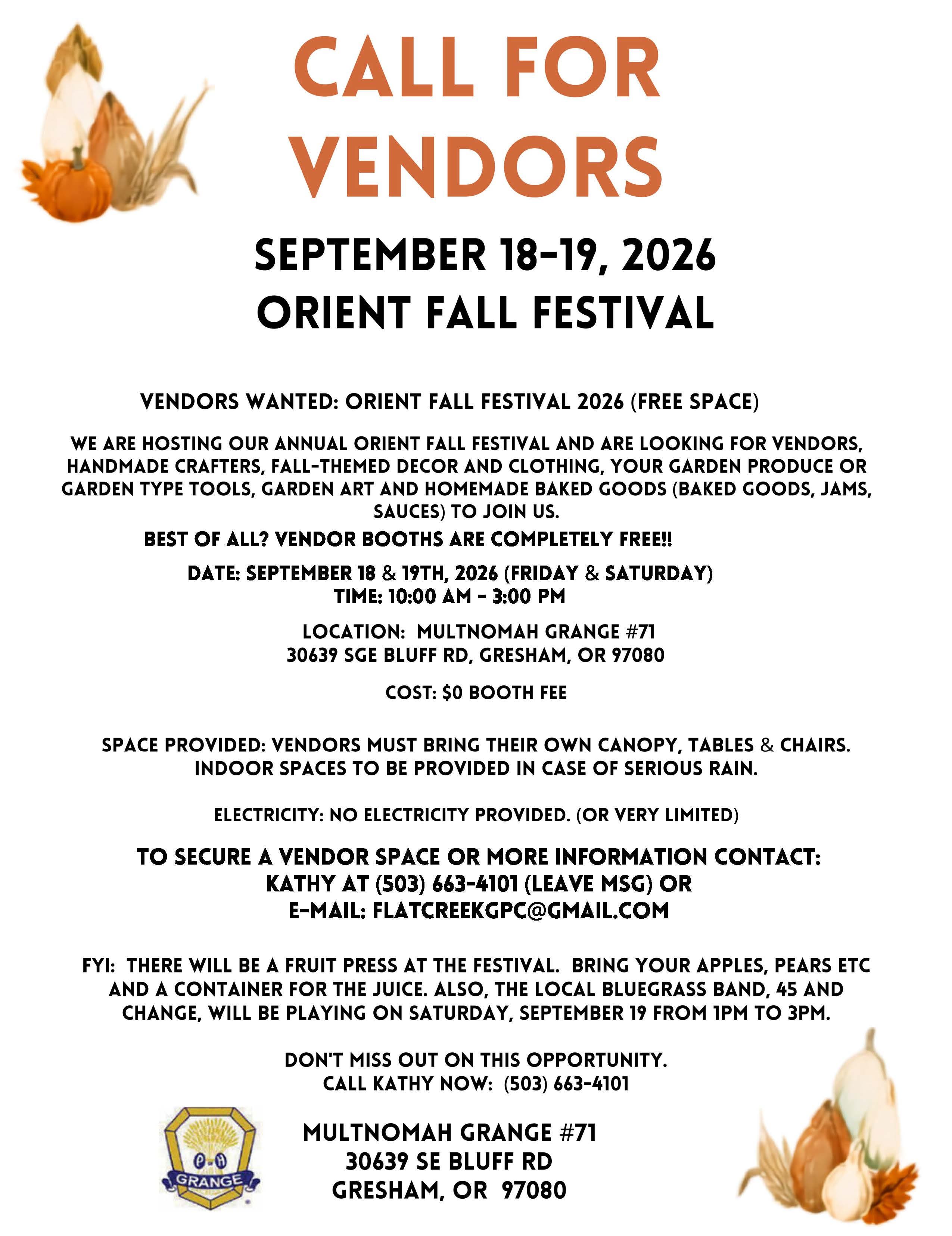 Orient Fall Garden Festival-Vendors wanted
