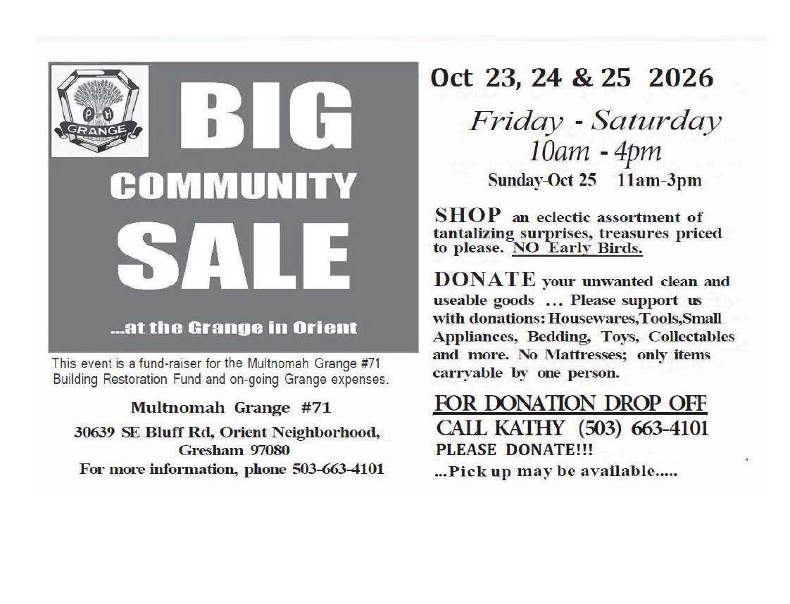 BIG Community Sale at Multnomah Grange #71