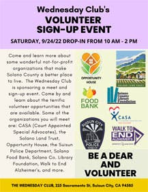 Sep 24 | Wednesday Club's Volunteer Sign-Up Event for Solano Co.  Organizations | Suisun City, CA Patch