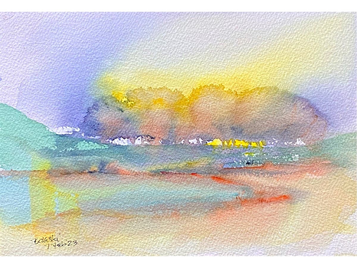 "Before the Sun Sets" (Watercolor, 2023) by Belinda Balaski will be shown as part of the SMC Emeritus Annual Student Art Exhibition 2023 Online — Part 1, which opens online with a live virtual reception April 20 from 5 p.m.-6:30 p.m.