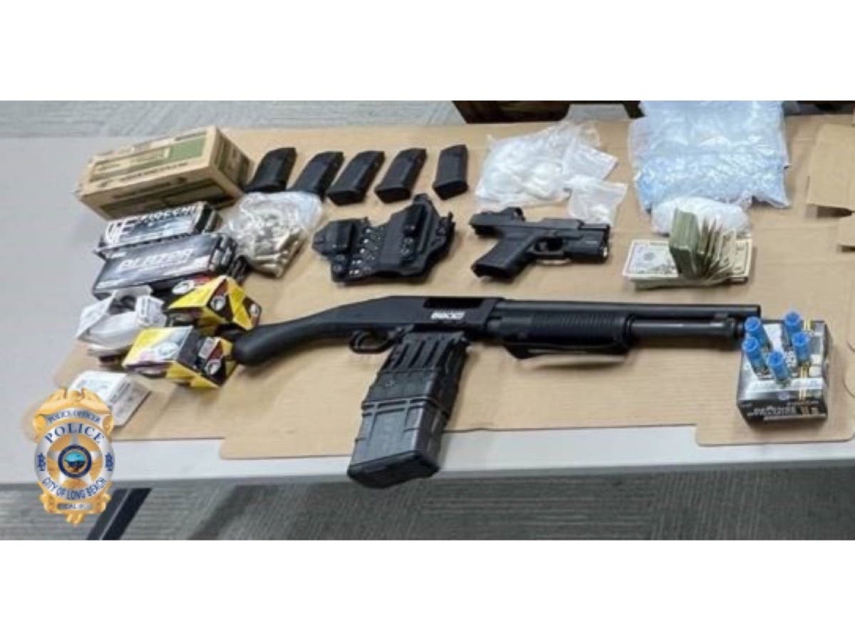 LBPD officers said they found three assault rifles, including an unserialized fully automatic AR-15, two handguns, one of which was a ghost gun, one shotgun three pounds of unspecified drugs and cash.