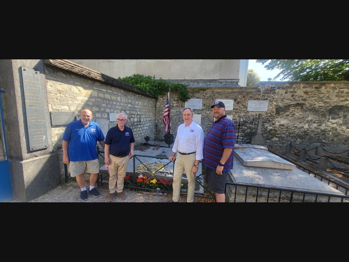 Leadership of the National Society Sons of the American Revolution (SAR), including Ken Bonner, Sgt Maj John Champe Chapter of Loudoun County (2nd from right), visited the grave of the Marquis de Lafayette in Paris on his 269th birthday.