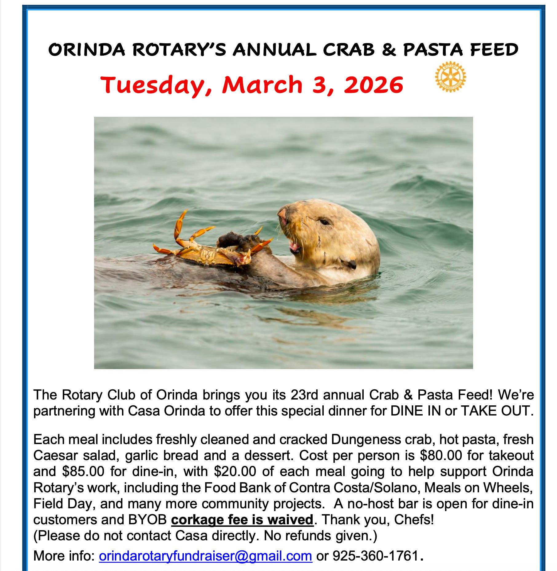 Annual Crab & Pasta Feed by Rotary Club of Orinda
