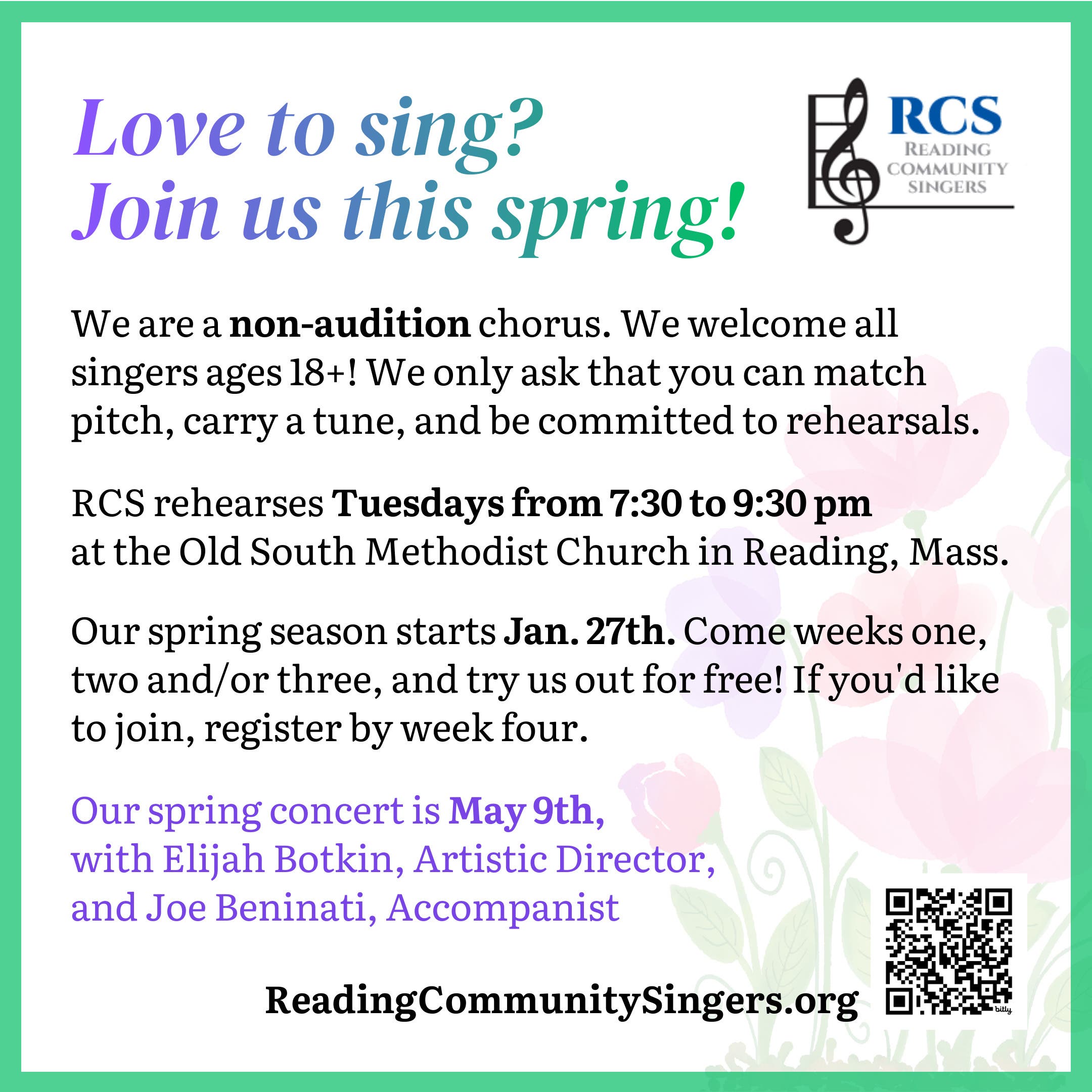 Reading Community Singers ~ 2 more OPEN Rehearsals ~ Come Join Us!