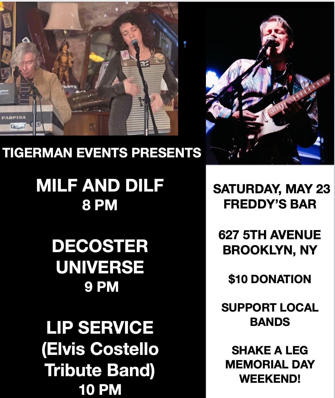 Tigerman Events Presents: Milf and Dilf, Decoster Universe, Lip Service (Elvis Costello tribute)
