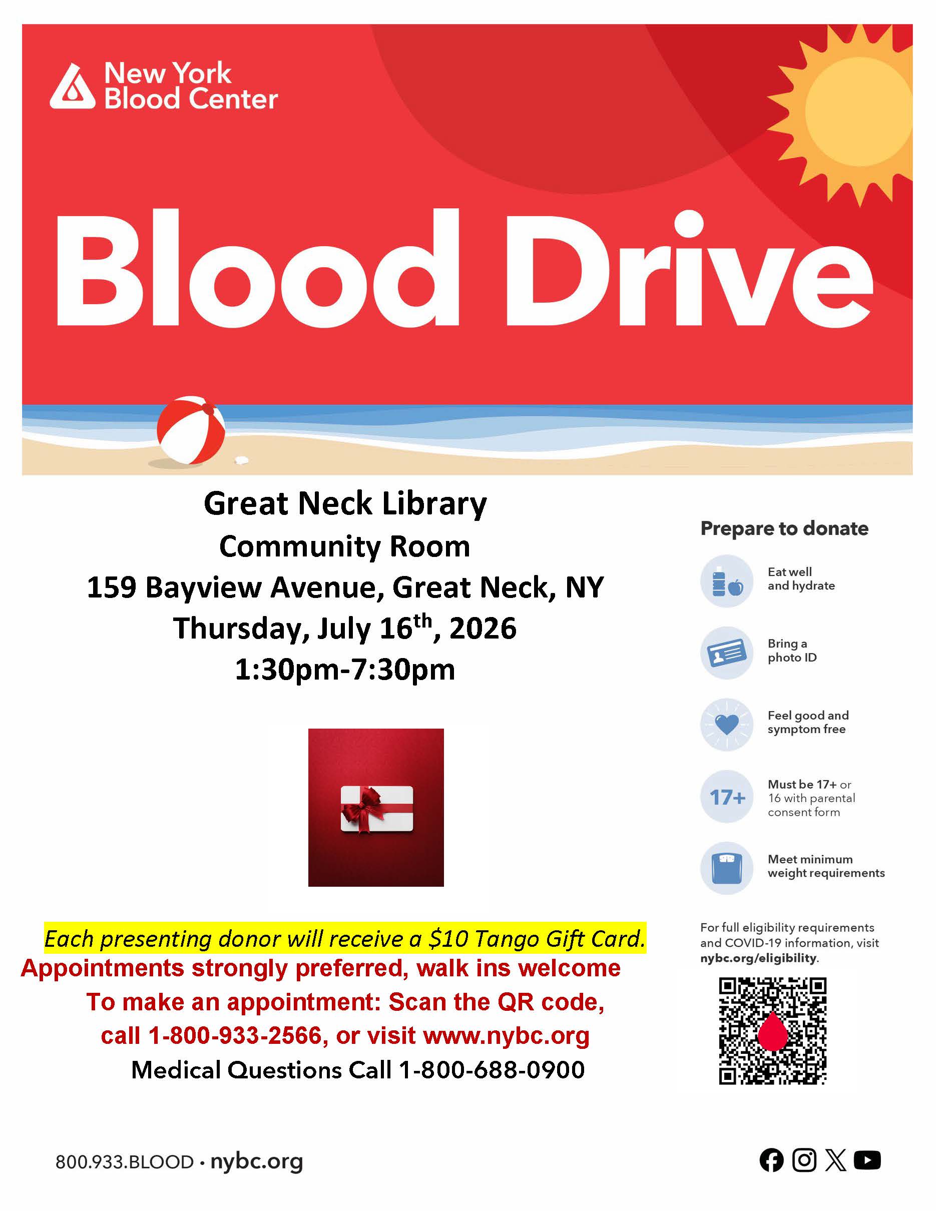 Great Neck Community Blood Drive hosted by New York Blood Center and Great Neck Library