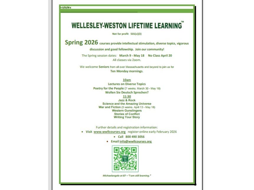 Wellesley Weston Lifetime Learning Spring registration is open!