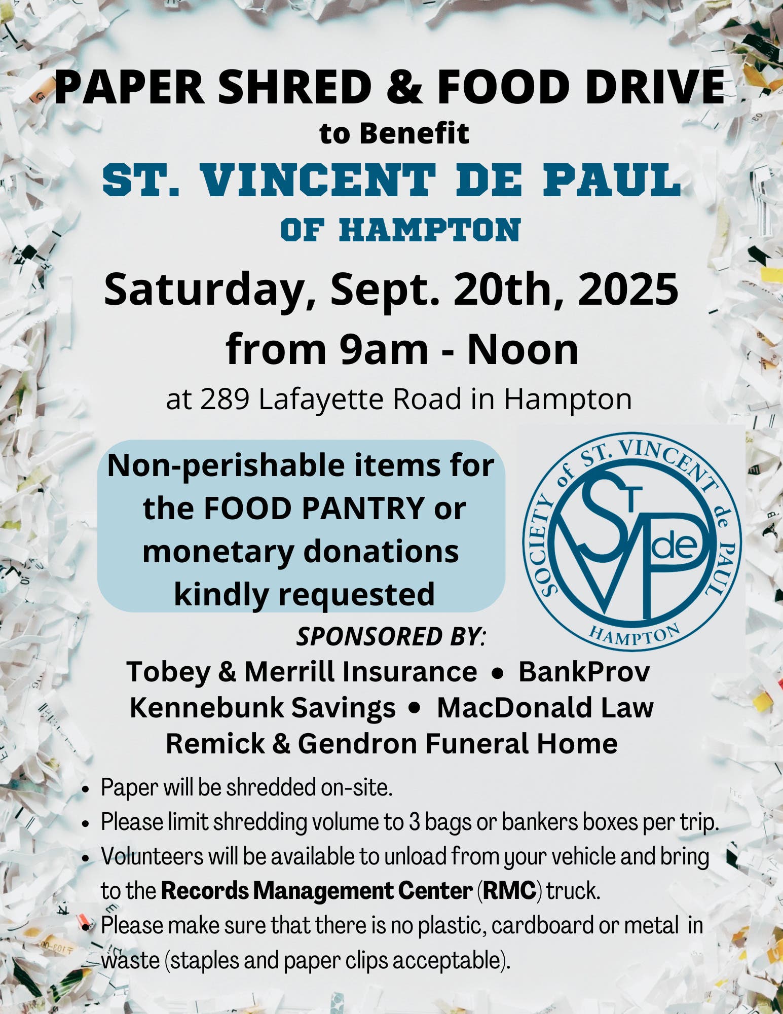 Paper Shredding Food Drive to Benefit St. Vincent de Paul Hampton
