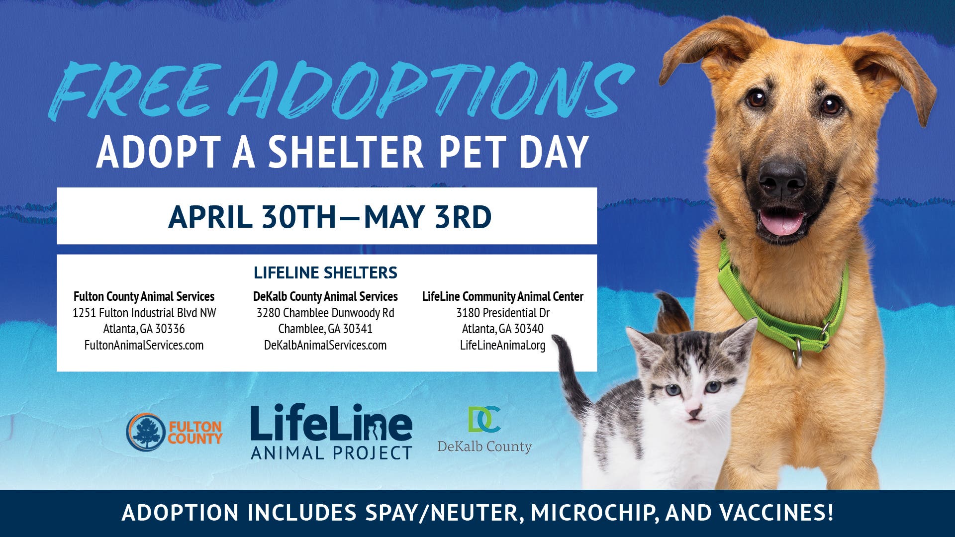 National Shelter Pet Day Free Adoption Weekend (April 30 - May 3)