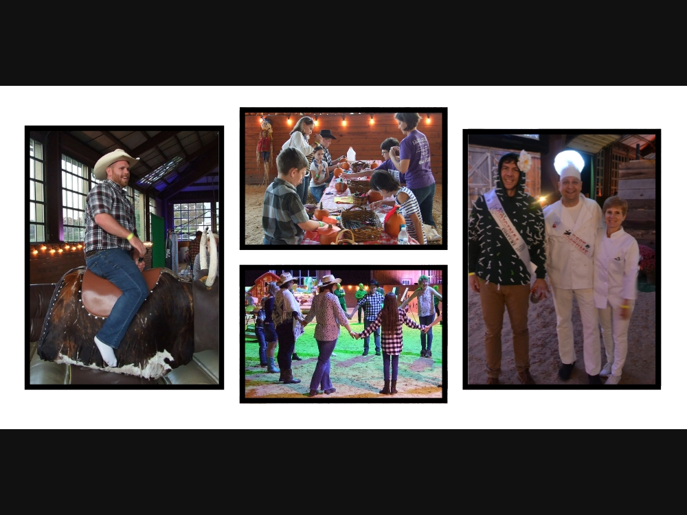 Photos from left to right: an attendee riding the mechanical bull, kids working on art projects (top), square dancing lesson (bottom), best costume adult and group.