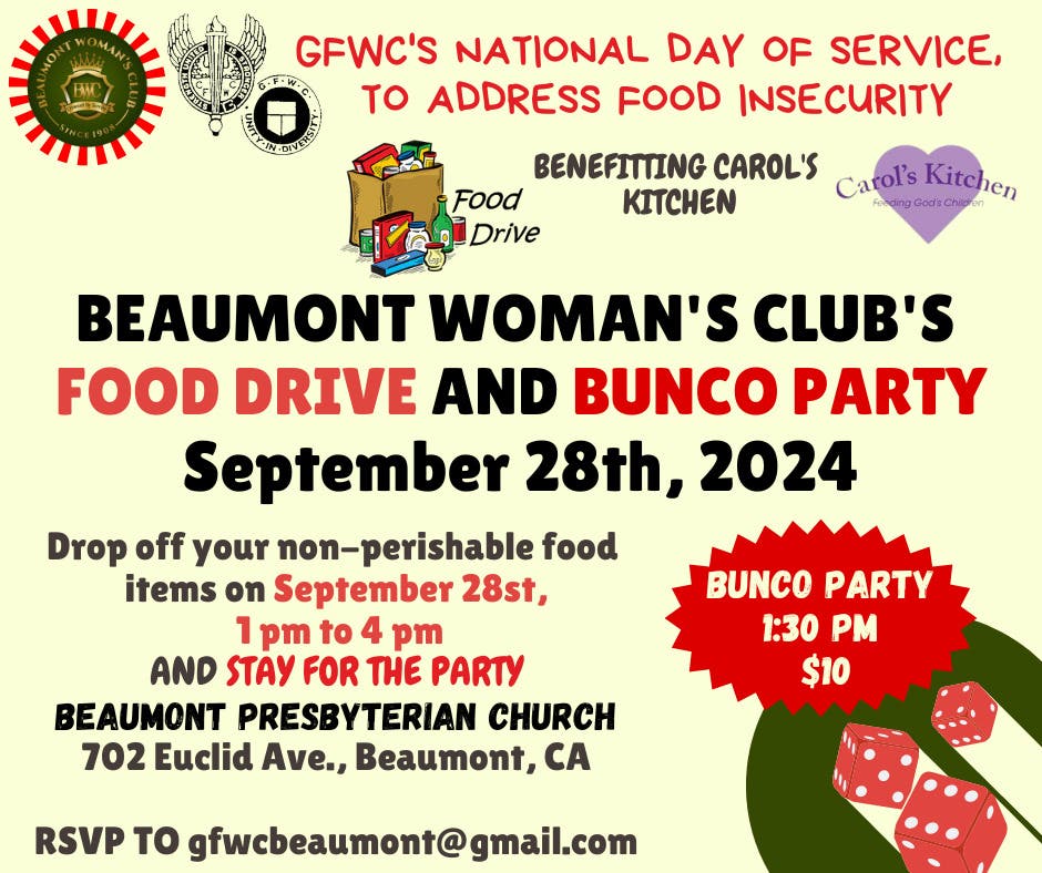 Sep 28 Beaumont Woman's Club's Food Drive and Bunco Party Banning