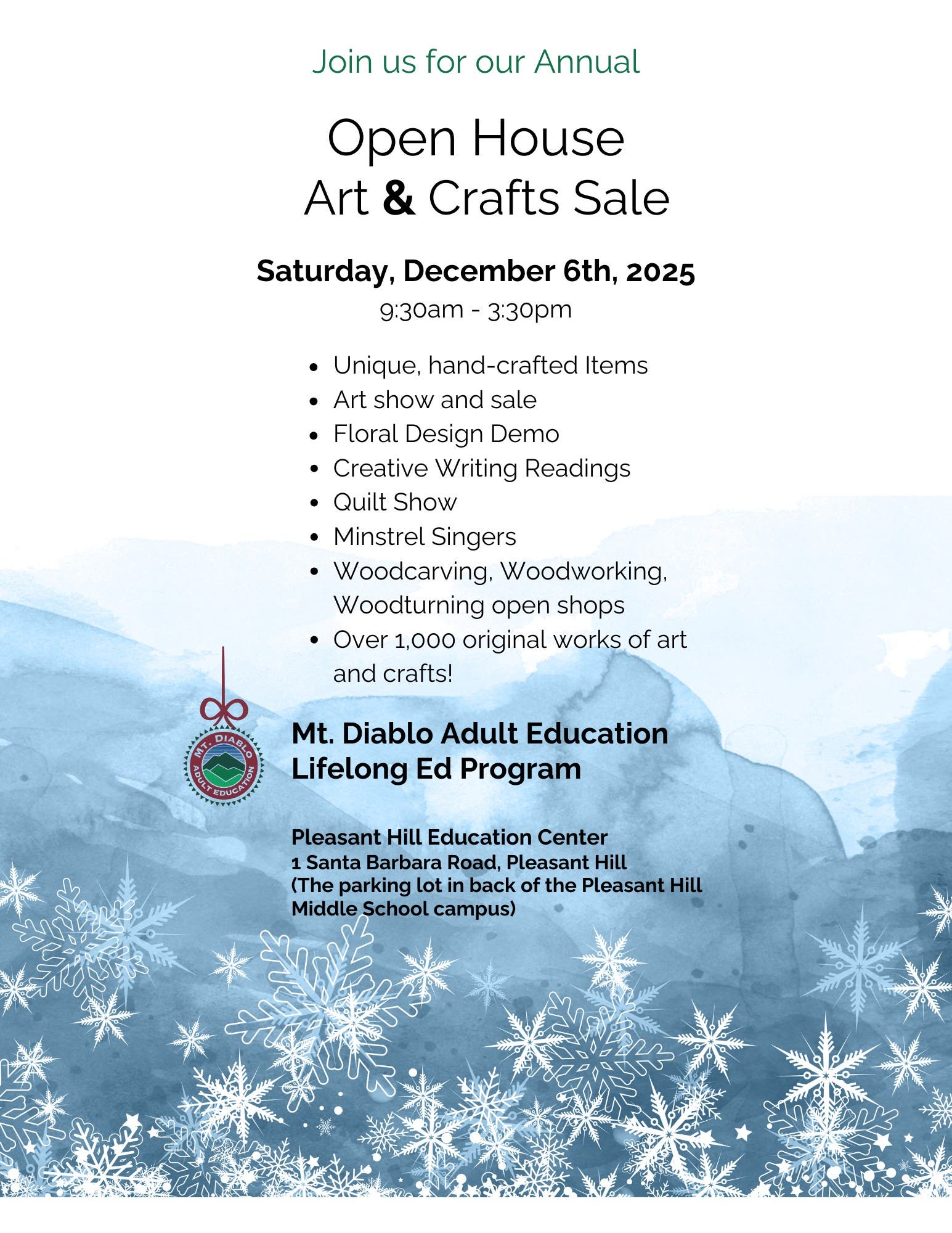 Mt. Diablo Adult Education ~Annual Open House ~ Arts & Craft Sale, Saturday, December 6th 2025