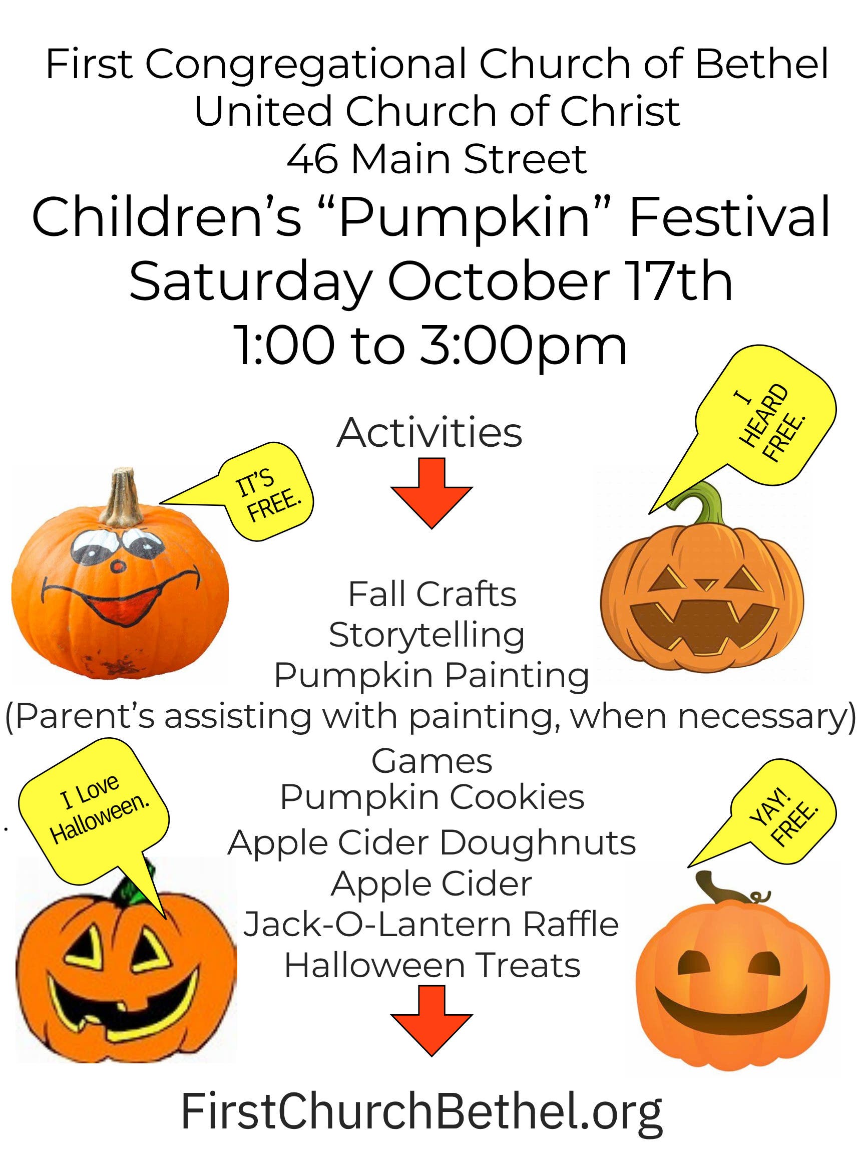 Children's Pumpkin Festival @ First Church Bethel- Sat. Oct 17th 1-3 PM