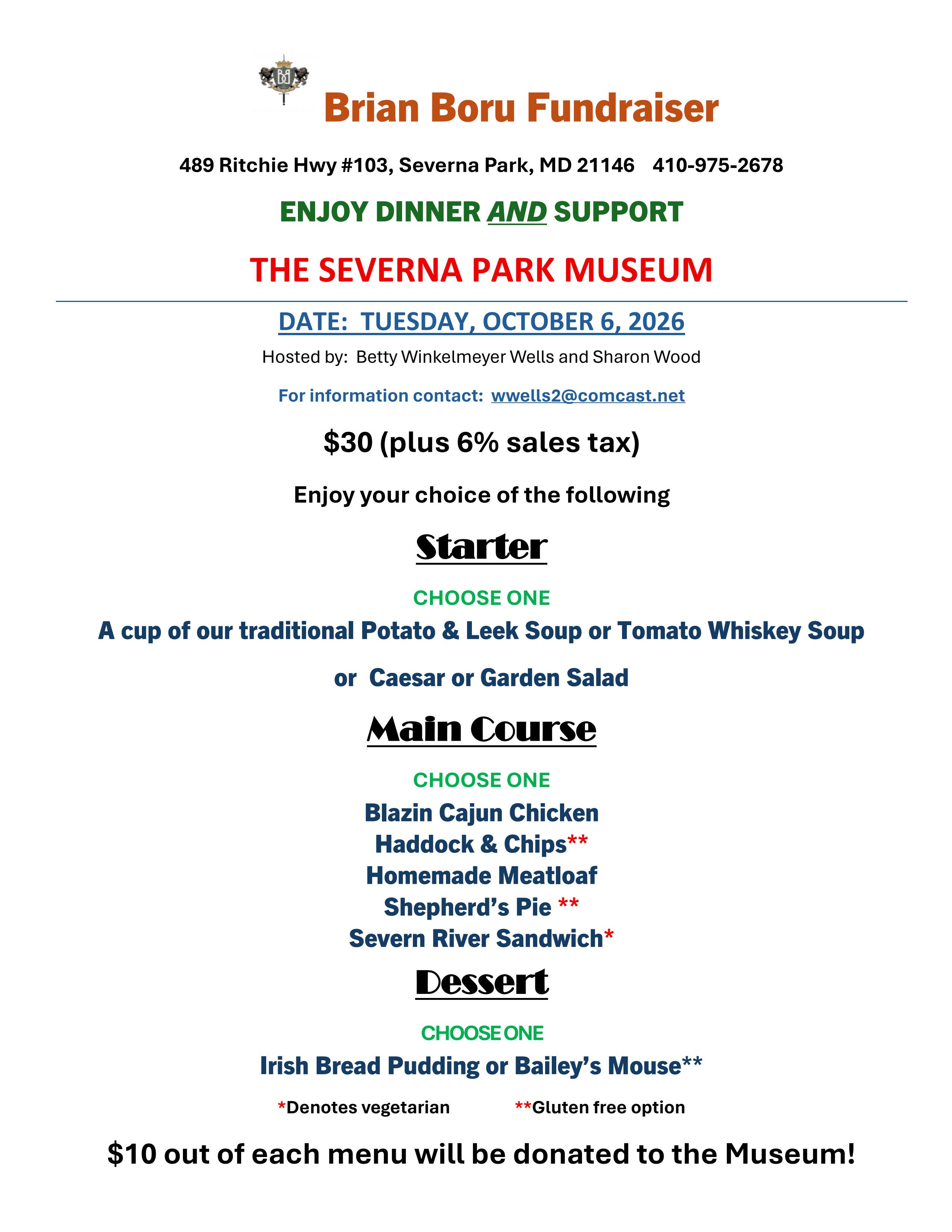 The Severna Park Museum fundraiser at Brian Boru Irish Pub and Restaurant