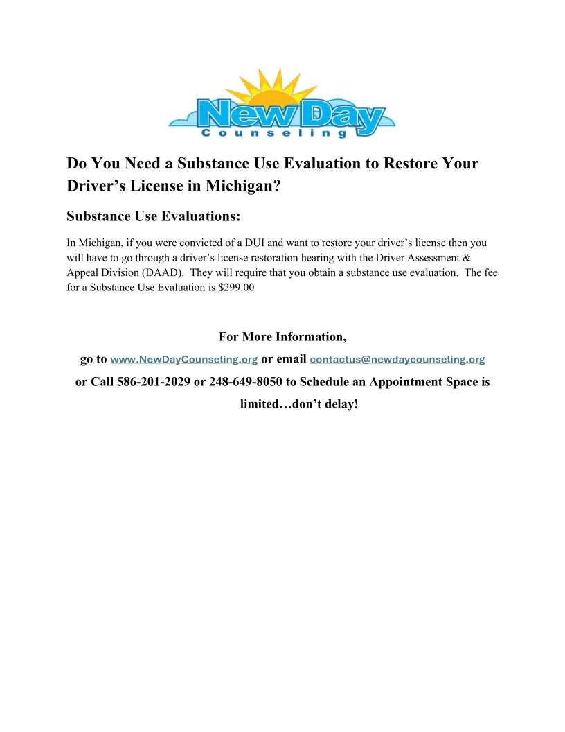 New Day Counseling Substance Use Evaluation
