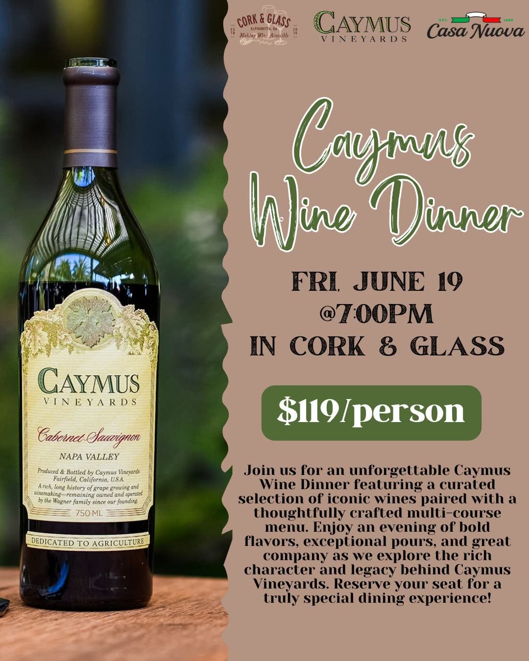 Caymus Wine Dinner at Cork & Glass