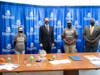 left to right: HCC Advanced Manufacturing student Skyler Curcio of Derby, Congressman Jim Himes, HCC Advanced Manufacturing student Rophy Homicil of Bridgeport, Dwayne Smith, Ph.D., HCC Chief Executive Officer.
