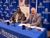 Housatonic Community College and Southern Connecticut State University signed an agreement creating a local option for students to attain a SCSU bachelor’s degree. Left to right: HCC CEO Dr. Dwayne Smith and SCSU President Joe Bertolino, Ed.D.